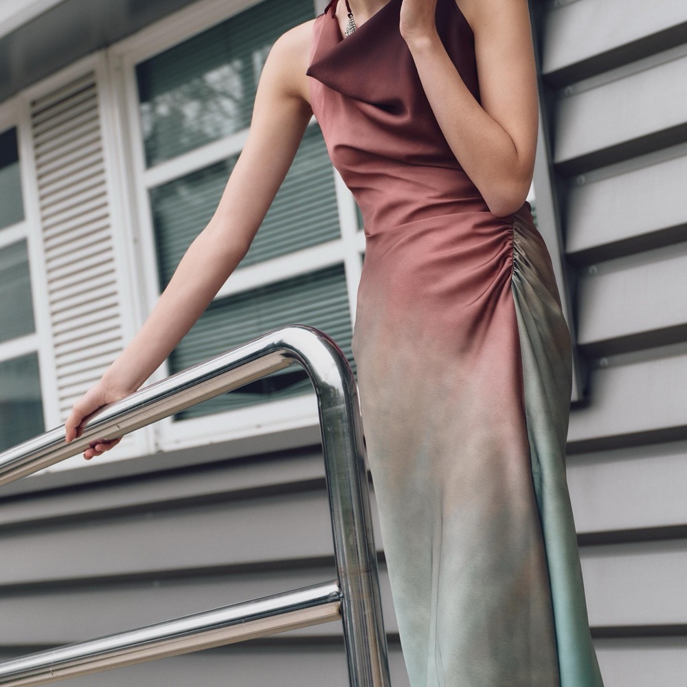 Zara dress midi satin tie dye fitted bodycon casual evening wedding cowl neck - Picture 11 of 13